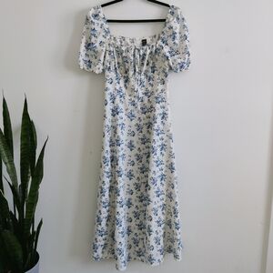Shein Blue Floral Maxi Dress Size M Puff Sleeve Cottagecore